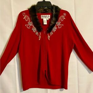 Joseph A Vibrant Red Cardigan with Faux Fur and Embellishments